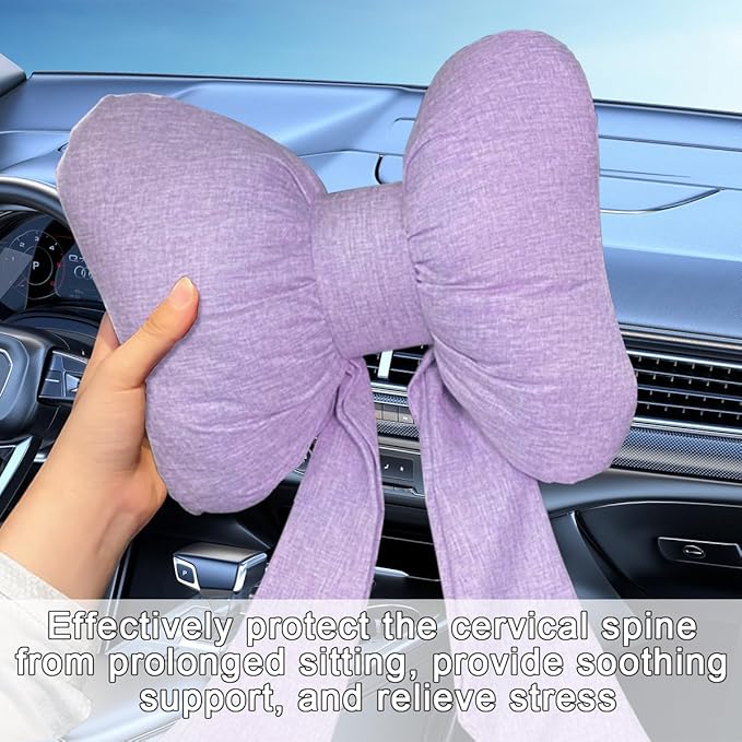 Bow Car Headrest Pillow, Breathable Memory Foam Vehicle Neck Pillow with Adjustable Strap, Ergonomic Auto Neck Support Cushion for Pain Pressure Relief, Universal for Most Cars (Purple)