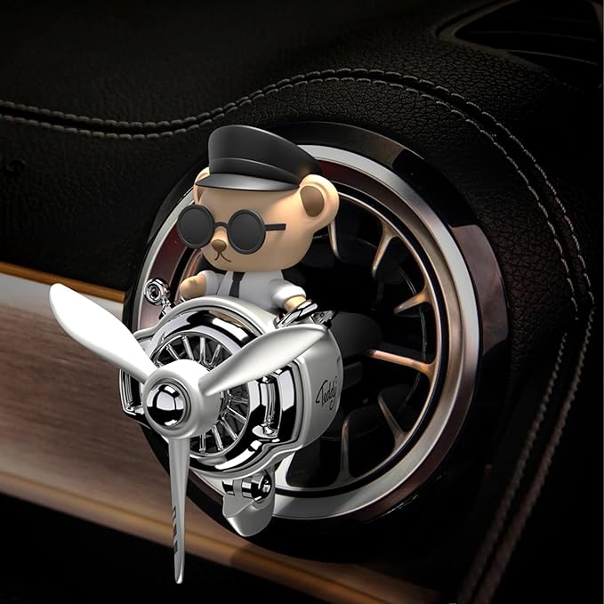 Pilot Car Air Freshener, Cute Bear Car Vent Clip Air Freshener Automotive Air Outlet Fan Diffuser, Automotive Interiors Vent Decoration (Shake Head Style - Silvery)