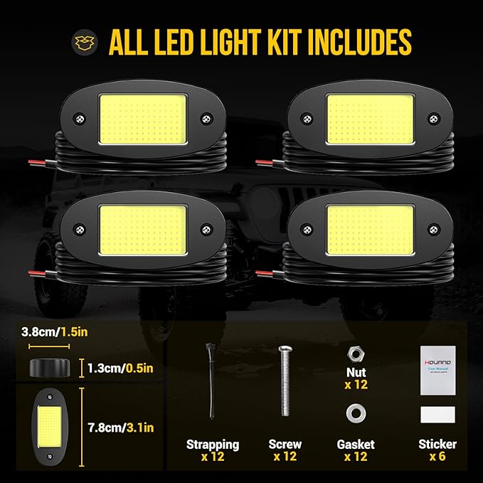 Hovano 4 Pods COB White Rock Lights, 120 COB Chips 6500K Pure White Super Bright Neon Underglow, IP68 Waterproof Shockproof Off-Road Light Kit for Pickup Trucks, SUV, UTV, ATV, RZR, Cars Boats
