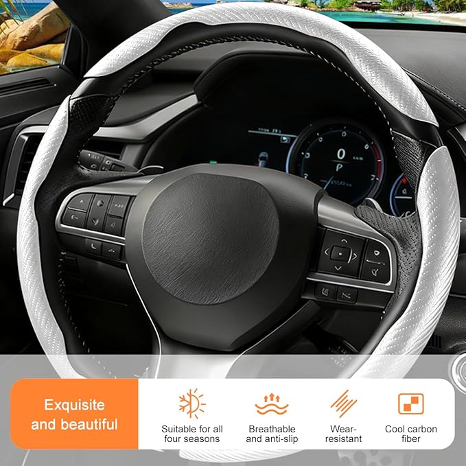 3PCS Carbon Fiber Car Steering Wheel Cover, Leather Segmented Anti-Skid Steering Wheel Protector, Snap on Automotive Interior Protection Accessories, Universal for Vehicles (White)