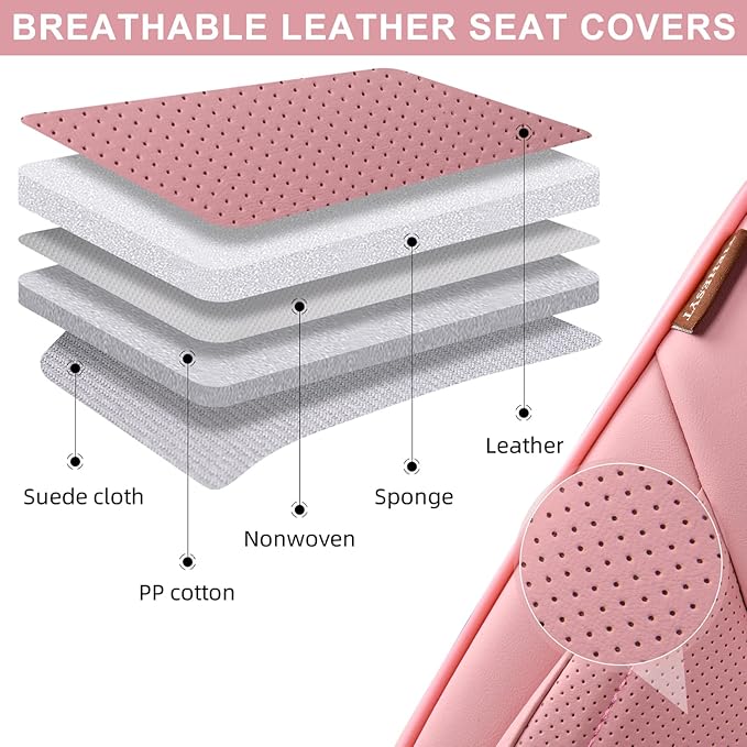 Pink Car Seat Covers Full Set, Breathable Leather Automotive Front and Rear Seat Covers & Headrest for Comfortable Driving, Universal Auto Interior Fit for Most Kinds of Vehicles
