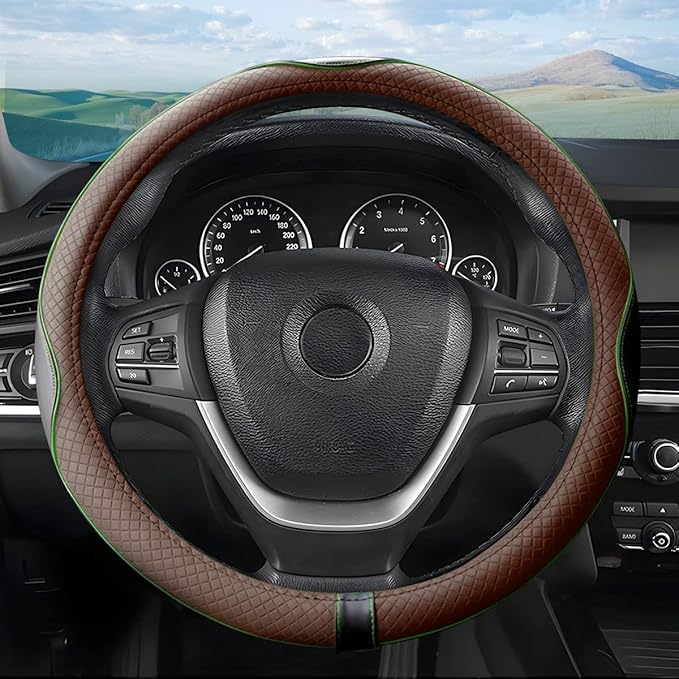 Leather Steering Wheel Cover, Soft Breathable Anti-Slip Protector for Car, Truck, SUV - Universal Fit 15 Inch for Women and Men (Black/Coffee)