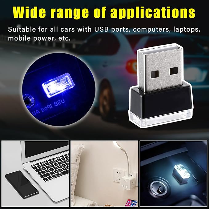 Augeny 4 PCS USB LED Car Interior Atmosphere Lamp, Plug-in USB Decor Night Light, Portable Auto Ambient Lighting Kit, Universal Vehicle Interior Accessories for Most Cars (White & Blue)
