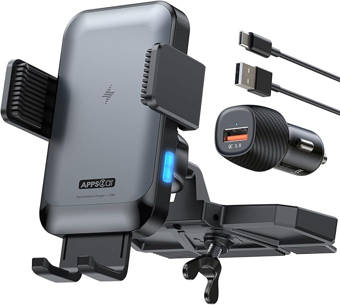 APPS2Car Wireless Car Charger Mount CD Slot Auto Clamping 15W Fast Charging CD Phone Holder for Car Wireless Charger Fit for iPhone 17 16 15 14 13 12 Pro Max, Samsung S25 S24, Google, LG etc.