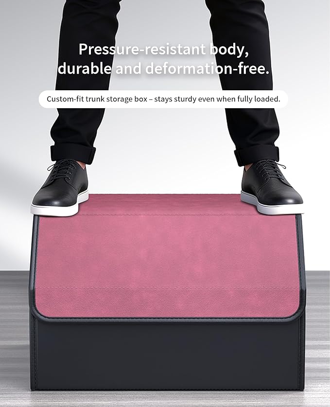 Trunk Organizer for Car, PU Leather Car Trunk Storage Organizer with Magnetic Lid, Car Organizer with Sturdy PC Support, Portable Handle for SUV, Truck, Home and Office (20.1×12.2×12.2 IN)