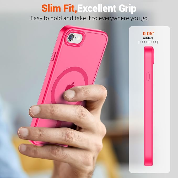 SUPFINE Magnetic for iPhone SE Case 2022 (3rd)/2020 (2nd), iPhone 8 Case with Screen Protector (Compatible with MagSafe) (Military Grade Drop Protection) Translucent Matte Phone Case, Hot Pink