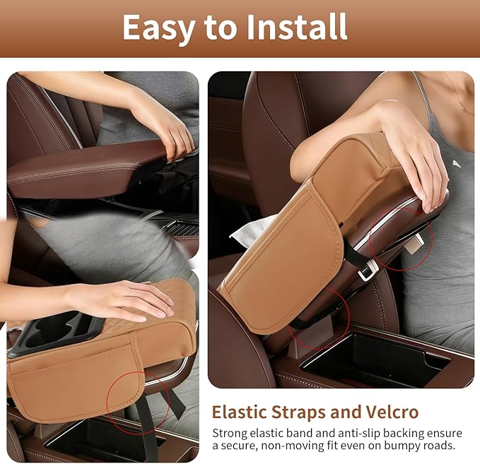 5-in-1 Car Armrest Cushion, Multifunctional PVC Leather Center Console Armrest Pillow Elbow, Universal Arm Box Pad Cover with Cup Holder, Phone Slot, Tissue Box Slot & 2 Storage Bags, Grey