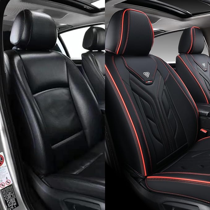 Coverado Front Car Seat Covers, 2Pcs Leather Seat Covers for Cars, Car Seat Protector Front Seats Only Auto Car Accessories Fit for Most Sedans SUV Pick-up Truck(Black&Red)