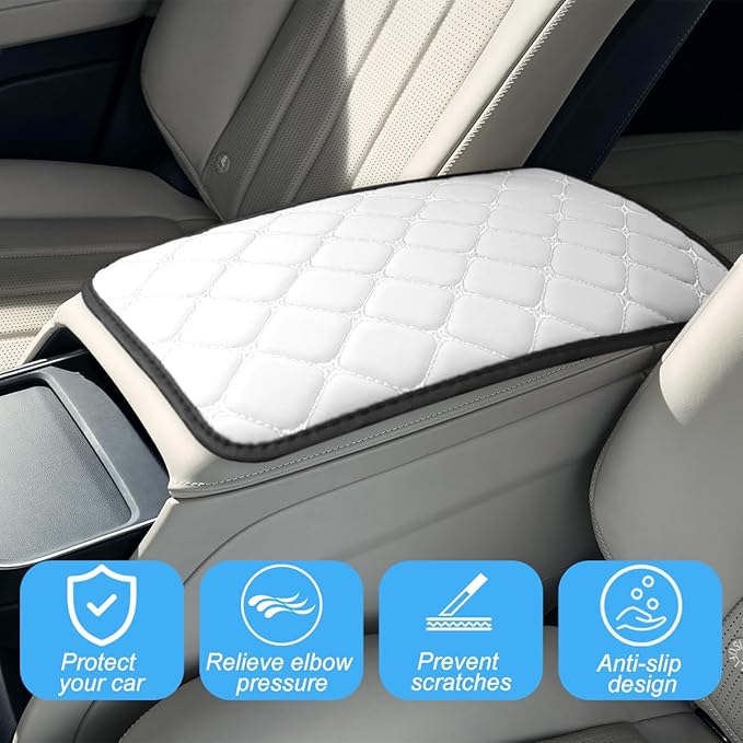 Car Center Console Cushion Pad, PU Leather Vehicle Armrest Cover Protector, Anti-Scratch Automotive Interior Arm Rest Seat Box Mat Accessories, Universal for SUV Sedan Truck (White)