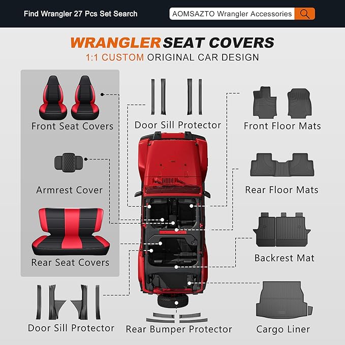AOMSAZTO Custom Fit Seat Covers for Jeep Wrangler 1997 1998 1999 2000 2001 2002 Waterproof Car Seat Covers Full Set Black