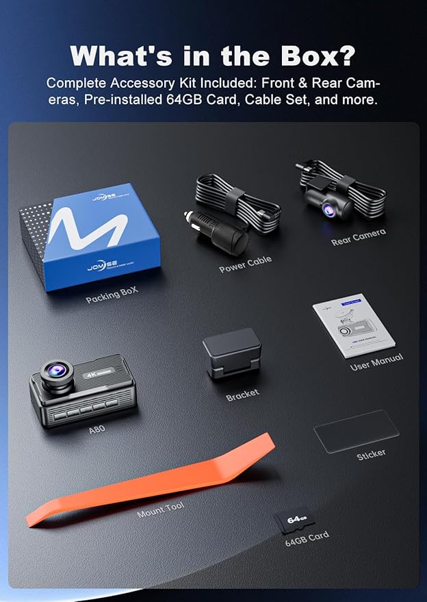 JOMISE 4K+4K Dash Cam Front and Rear, 20 Mbps+ Ethernet Transfer & Stable WiFi 6, Touch Screen Dash Camera for Cars with GPS, G-Sensor,Night Vision, 24H Parking Mode, Support 1TB(A80 Pro)