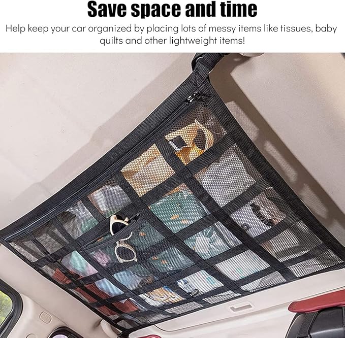 Car Ceiling Cargo Net Strong Load-Bearing Mesh Car Roof Storage Organizer Large Capacity Space Saving Car Ceiling Net Storage Bag Car Interior Accessories for SUV Truck Van