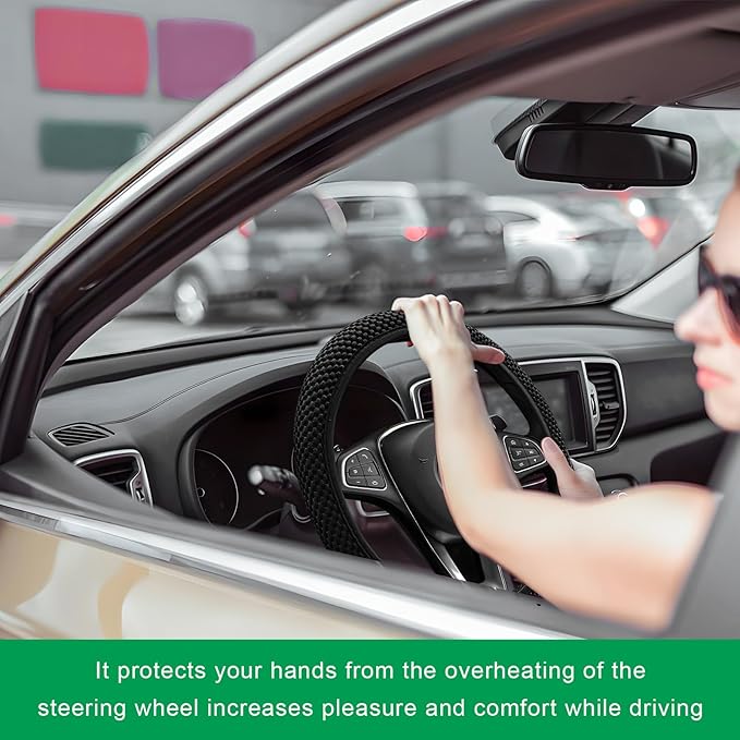 Elastic Steering Wheel Cover, 15"×15" Breathable Ice Silk Steering Wheel Protector, Universal Auto Wheel Wrap Anti-Slip Soft Cover for Ultimate Comfort, Car Accessories (Black)