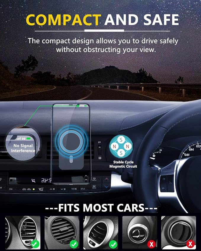 15W Magnetic Wireless Car Charger for iPhone 16/15/14/13/12 Pro Max/Mag-Safe Case, Qi Fast Charging Mount, Dashboard Air Vent Phone Holder for iPhone 16/15/14/13/12