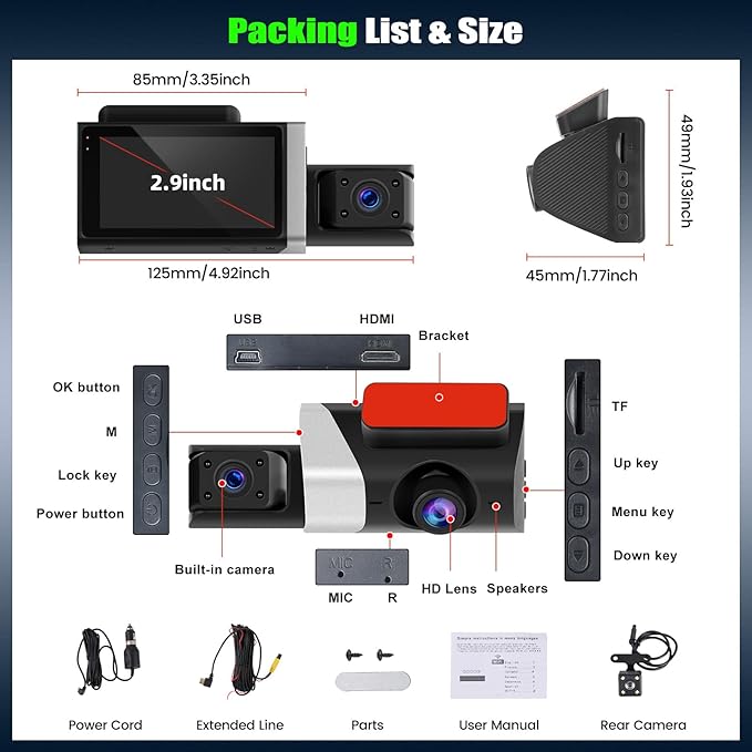3 Channel Dash Cam Front and Rear Inside, 2.9'' 1080P Dash Camera for Cars,Three Way Triple Car Camera with App Control Super Night Vision,Wide Angle,Loop Recording,G-Sensor,24 Parking Monitor