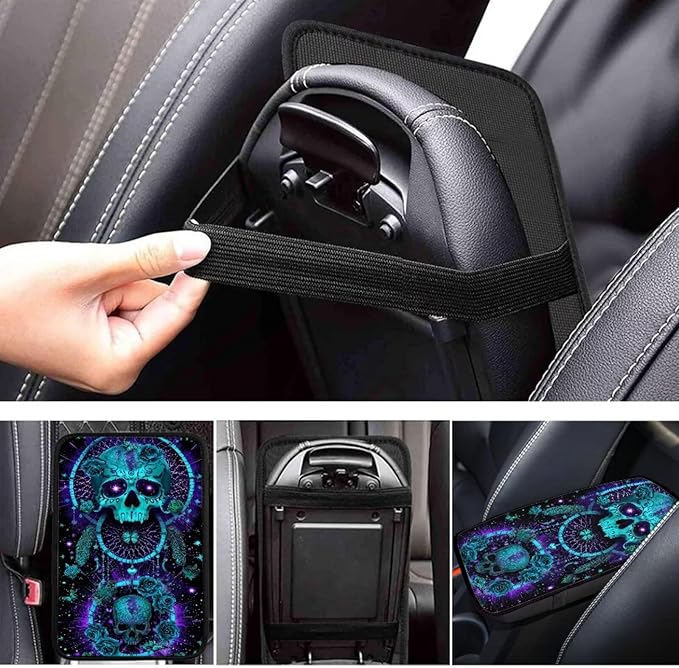Neoprene Car Center Console Pad Skull Dreamcatcher Print Armrest Cushion Cover Dust-Proof Armrest Seat Box Cover for Most Vehicles Decorative Car Accessories for Women Men