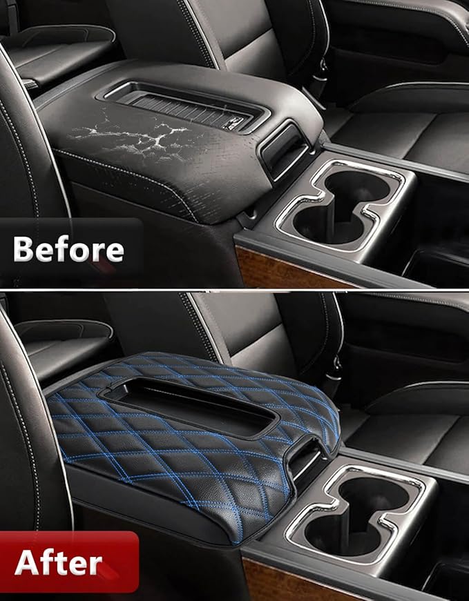 KBH Center Console Armrest Cover for Chevy Silverado & GMC Sierra 1500 2500 3500 2014-2018, Tahoe Suburban Yukon 2015-2020, Bucket Seat Console, Anti-Scratch, Black-Blue Double Stitch
