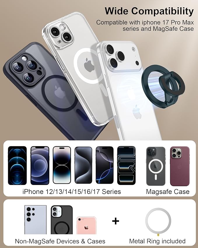Mag Safe Phone Grip for iPhone 17 Pro Max Apple MagSafe Kickstand, Magnetic Finger Ring Holder,Foldable Magnetic Grip Metal Loop Stand MagSafe Car Mount,iPhone 17e/Air/17Pro/16e/16 Pro Max/15/14/13/12