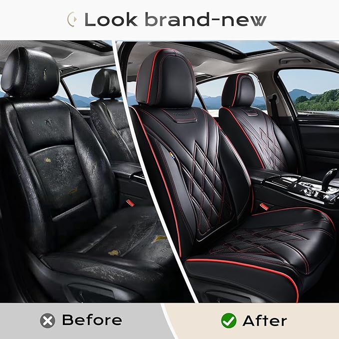 Coverado Car Seat Covers, Front Covers for Cars, Car Seat Cover Front Seats, Automotive Seat Cover, Waterproof, Leather Car Seat Cushion, Universal Interior Seat Protectors for Most Cars Black-Redline