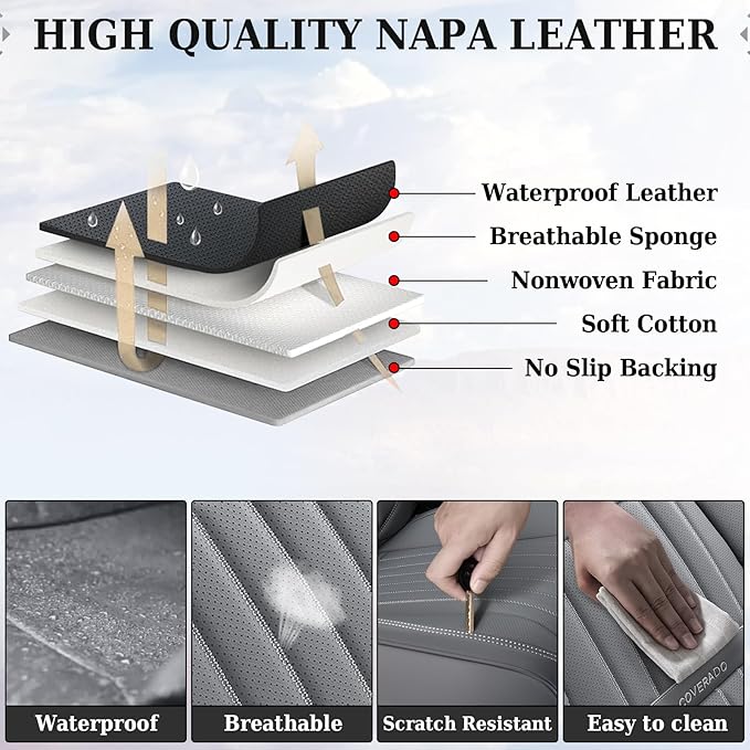 Coverado Car Seat Covers Full Set, Seat Covers for Cars,Gray Car Seat Cover, Waterproof Car Seat Protector, 5 Pieces Nappa Car Seat Cushion, Car Seat Covers Front Seats and Back Fit for Most Cars
