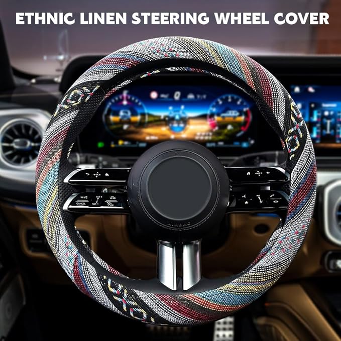 Boho Steering Wheel Cover, Steering Wheel Cover Women, 15 inch Hippie Style Protector Covers, Universal Ethnic Flax Cloth Car Accessories Universal for SUV Van Truck (Hippie-D)