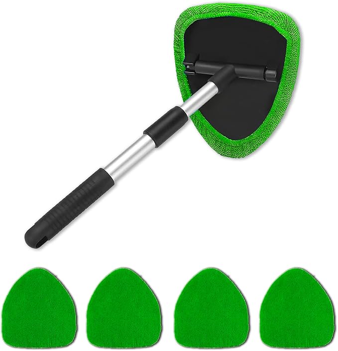 Windshield Cleaner Tool - Portable Car Interior Window Cleaning Kit with Extendable Handle, 4 Microfiber Towel Pads, Auto Glass Wiper for Windshield, Universal for RV, SUV, Truck (Green)