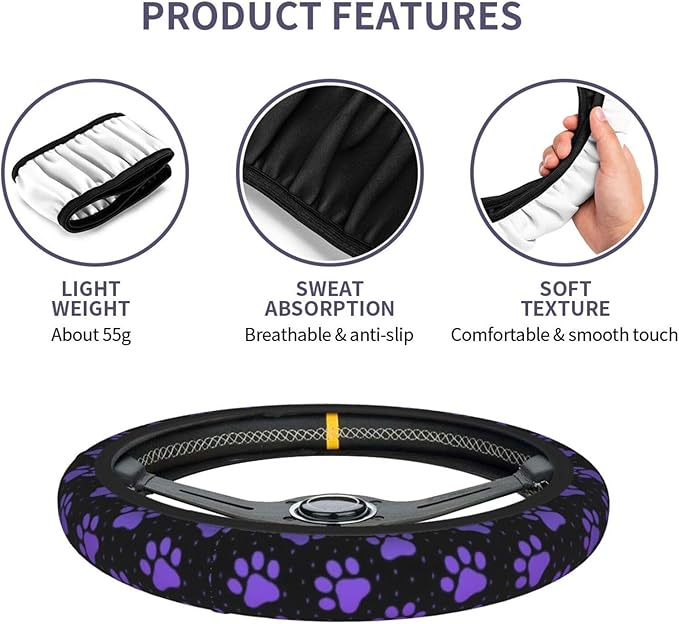 Purple Paw Print Steering Wheel Cover Dog Paw Print Steering Wheel Cover Anti-Slip Breathable Universal for 15 Inch Car with 2 Pieces Car Coasters Suitable for Men Women