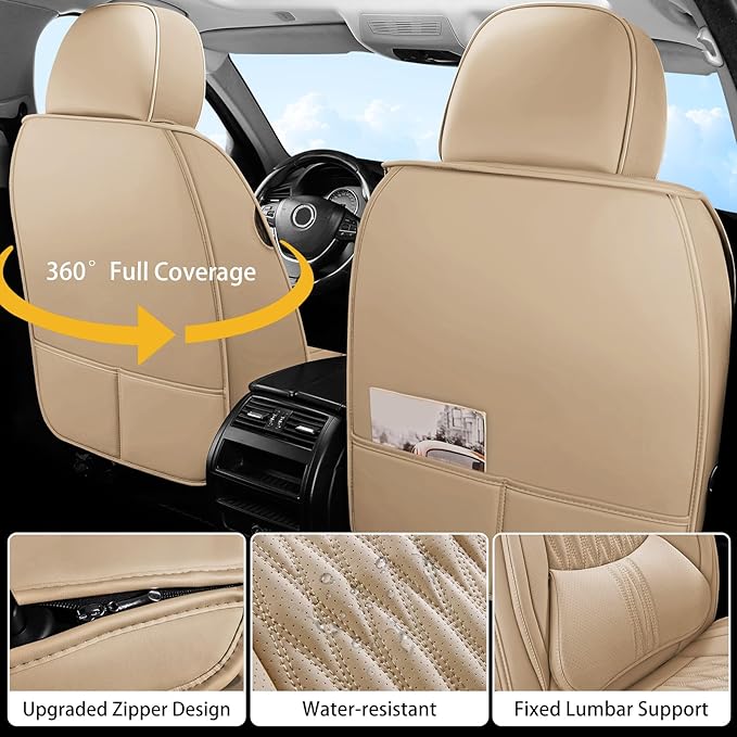 WELLDO Car Seat Covers Full Set, Leather Seat Covers for Car, Waterproof Car Seat Protector with Lumbar Support, Automotive Seat Covers Universal Fit for Most Cars SUV Truck,Beige