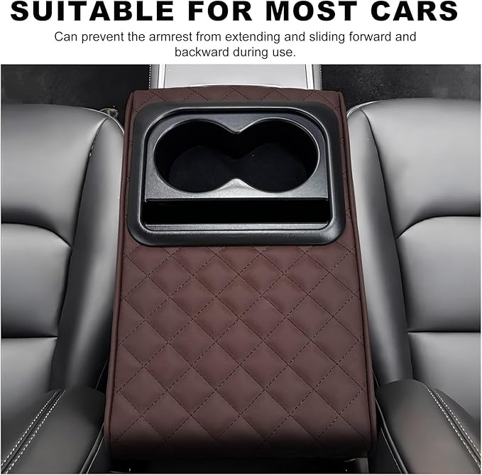 Car Center Console Armrest Pillow, Memory Foam Auto Armrest Box Cover with Cup Holder & Phone Holder, Waterproof Leather Arm Rest Protector Cushion, Interior Car Accessories (Diamond, Coffee)