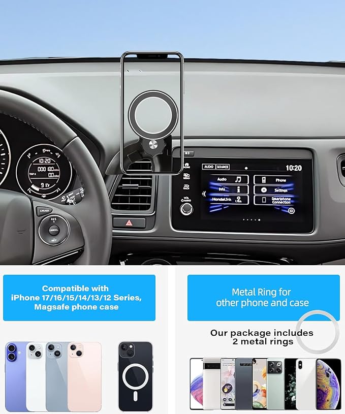 Car Phone Holder for Honda HRV HR-V 2016-2022 Accessories Compatible with MagSafe Cell Phone Mount Hands-Free 360 Degree Rotation Does Not Affect Air Vent