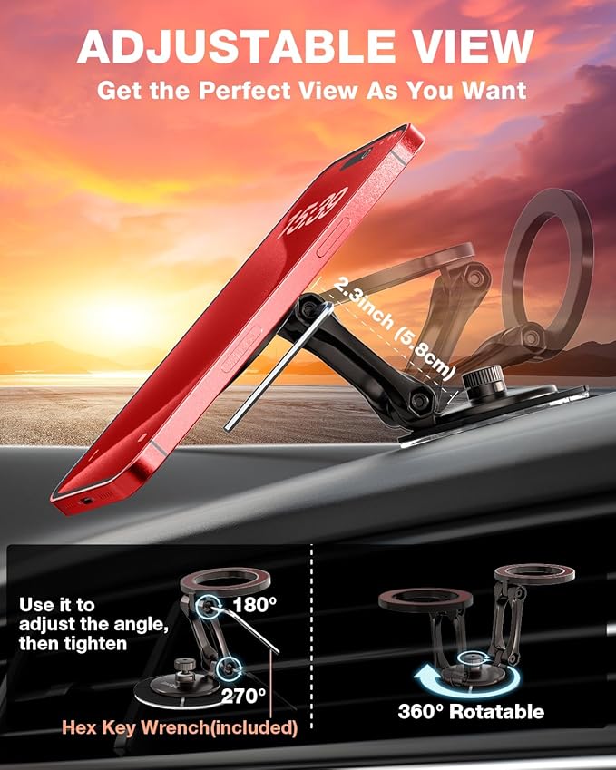 Smolink Tesla Phone Mount, All Metal Strong Magnet Magnetic Phone Holder for Car Dashborad and Tesla Model 3/Y/S/X, Foldable Hidden for MagSafe Car Mount Fit for iPhone All Phones, Red