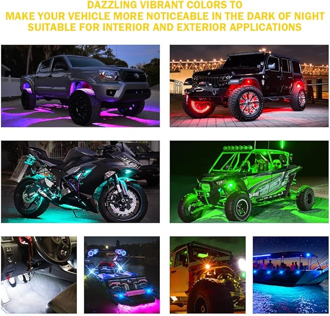 Xprite RGBW LED Rock Lights Kit with Bluetooth & Wireless Remote Controller, Multicolor Cars Underglow, Wheel, Footwell Neon Light Kits, for Off-Road UTV ATV Trucks SUV Motorcycle Boats - 10 Pods