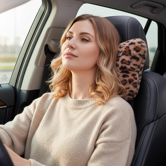 Macarrie 2 Pcs Car Neck Pillow Plush Butterfly Bow Car Headrest Pillow Comfortable Seat Neck Support Cute Head Rest Accessories for Driving Travel Driver Chair Girl Style Interior Decor(Leopard)