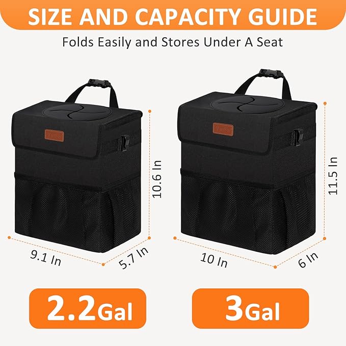 Vankor 3 Gallons Car Trash Can with Lid, Bag Bin Hanging Waterproof Automotive Car Garbage Cans Leak Proof Vehicle Trash Can Black