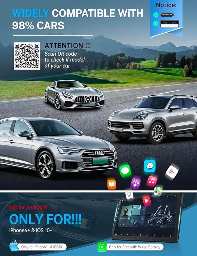 2026 Wireless CarPlay Adapter for iPhone & Android Auto Mini Wired to Wireless Apple Car Play Adapter Plug & Play Compatible for iPhone iOS 10+ Android 11+ with After 2016 Cars