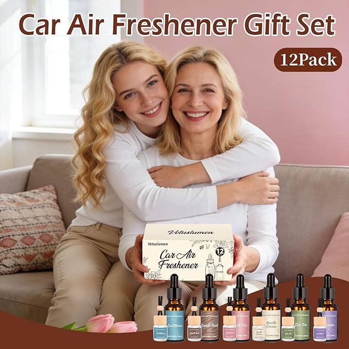 12 Pack Car Air Freshener Refills, 6-Scent Hanging Air Freshener Diffuser Set - Each(8ml +20ml Refill), Essential Oil Diffuser with Refill Bottles, Reusable Car Fragrance Decor Accessories
