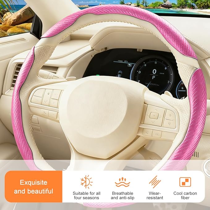 3PCS Carbon Fiber Car Steering Wheel Cover, Leather Segmented Anti-Skid Steering Wheel Protector, Snap on Automotive Interior Protection Accessories, Universal for Vehicles (Pink)