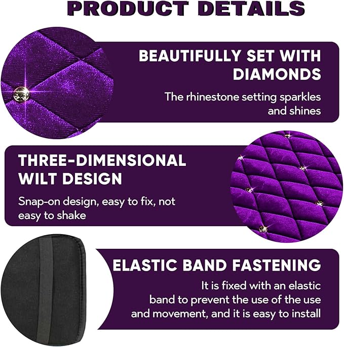 Bling Car Center Console Cover, Soft Fluffy Armrest Seat Box Cushion Pad, Crystal Diamond Arm Rest Protection Mat, Automotive Interior Decoration Accessories for Most Vehicles (Purple)