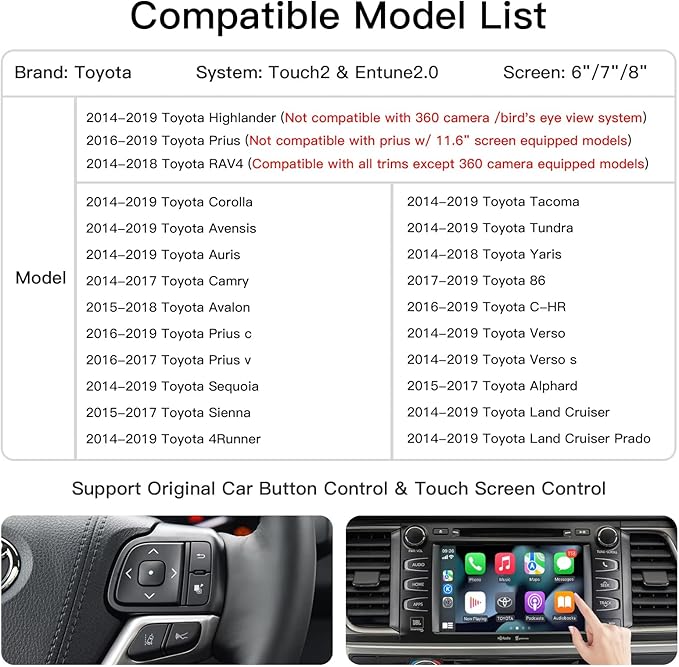 Wireless Carplay/Android Auto Adapter for Toyota with Entune2.0 & Touch2 2014-2019 Retrofit Kit Decoder Fits for Tundra/Highlander/RAV4/Tacoma/Camry/Corolla/Avalon/Prius/CH-R/Sienna/Camry