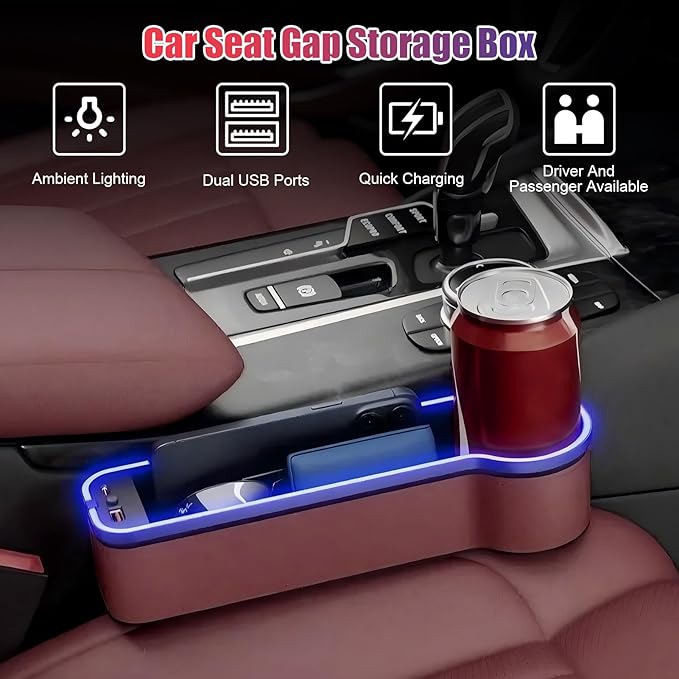 2PCS LED Car Seat Gaps Filler Organizer,Front Seat Gaps Filler, Car Seat Organizer with Ambient Light, USB Charger for Multifunction Storage Box for Holding Phone, Sunglasses