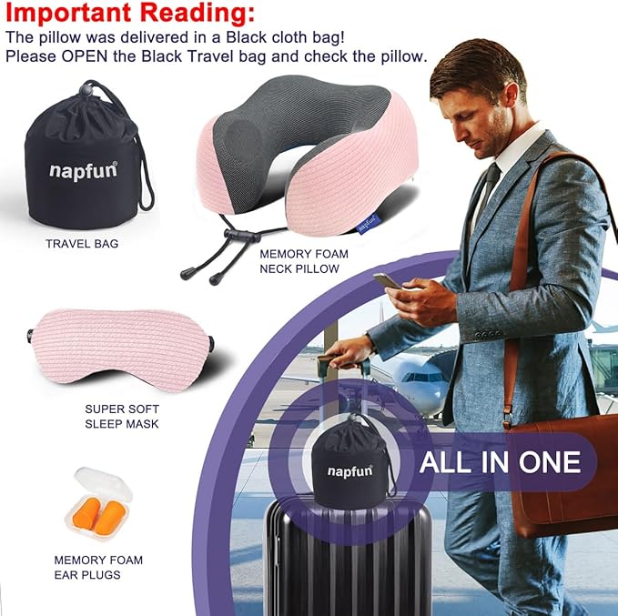 napfun Neck Pillow for Traveling, Upgraded Travel Neck Pillow for Airplane 100% Pure Memory Foam Travel Pillow for Flight Headrest Sleep, Portable Plane Accessories, Pink Striped Kit