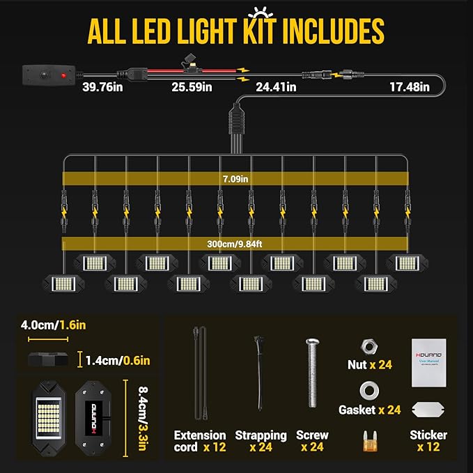 Hovano 12Pods Alloy White Rock Lights Kits with Extension Wires,6000K Pure White Color 42 LED Super Bright Chips IP68 Waterproof Underglow Kit for Pickup Off Road Trucks SUV ATV UTV Golf Car Boat