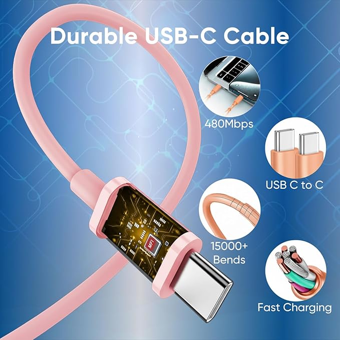 iPhone 17 16 15 Charger Fast Charging 10FT Cable, 30W USB C Charger Block for i Phone 15 16 16e 17 Air Plus Pro Max/iPad Pro/AirPods, PD USBC Power Adapter Wall Plug & Type C to C Cord (Pink, 10FT)