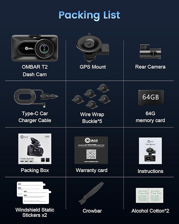 OMBAR Dash Cam Front and Rear, 4K/2.5K Ultra HD Dash Camera for Cars, Included 64GB Card, Built-in 5G Wi-Fi & GPS, 3.16” IPS Screen, Night Vision, 170°Wide Angle, HDR, 24H Parking Mode(T2)