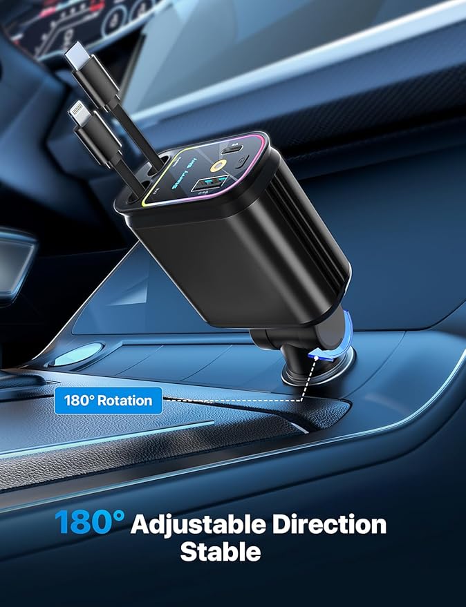 Starlight Retractable Car Charger with Retractable Cables, Starlight in Car Roof 4 in 1 Super Fast USB C Car Phone Charger, 2 USB Ports Starry Sky Adapter, Compatible with iPhone 17 16 15 14
