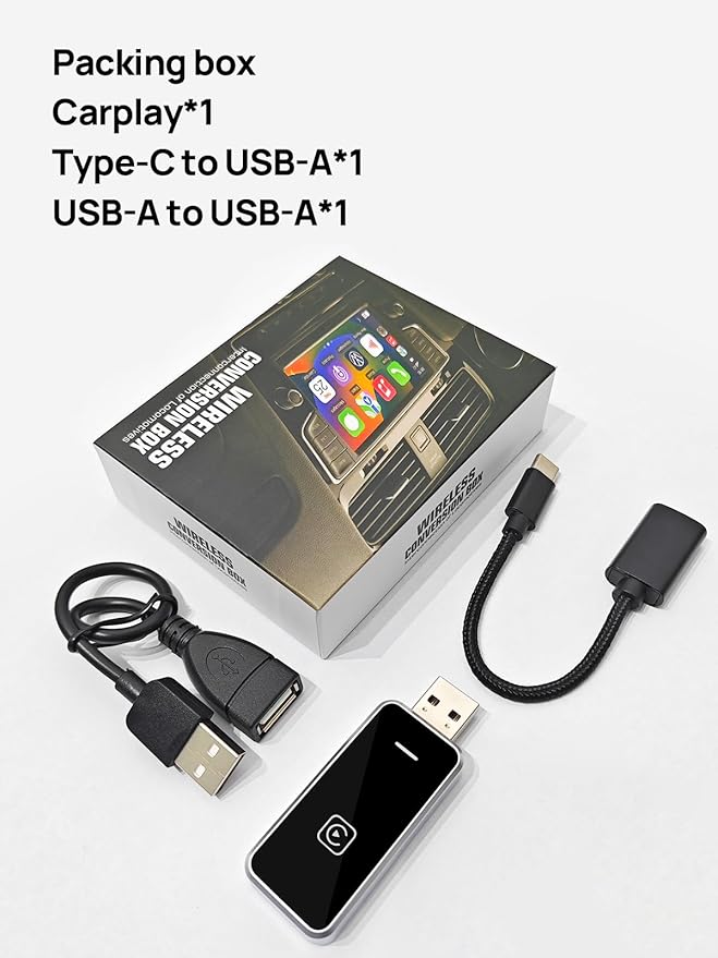 Moman Wireless CarPlay Adapter, Plug & Play Car Play in-Dash Converter for iOS 10+ & Android Auto with USB-A/USB-C Convert Wired to Wireless for 800+ Cars (2016+)