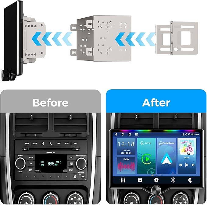 10.1" QLED Double Din Car Stereo with Wireless Carplay & Android Auto, Music Sync Luminous Bar, SWC, Bluetooth, Backup Camera, 240W, Dual Subwoofer Output, Car Radio, Navigation, FM/AM