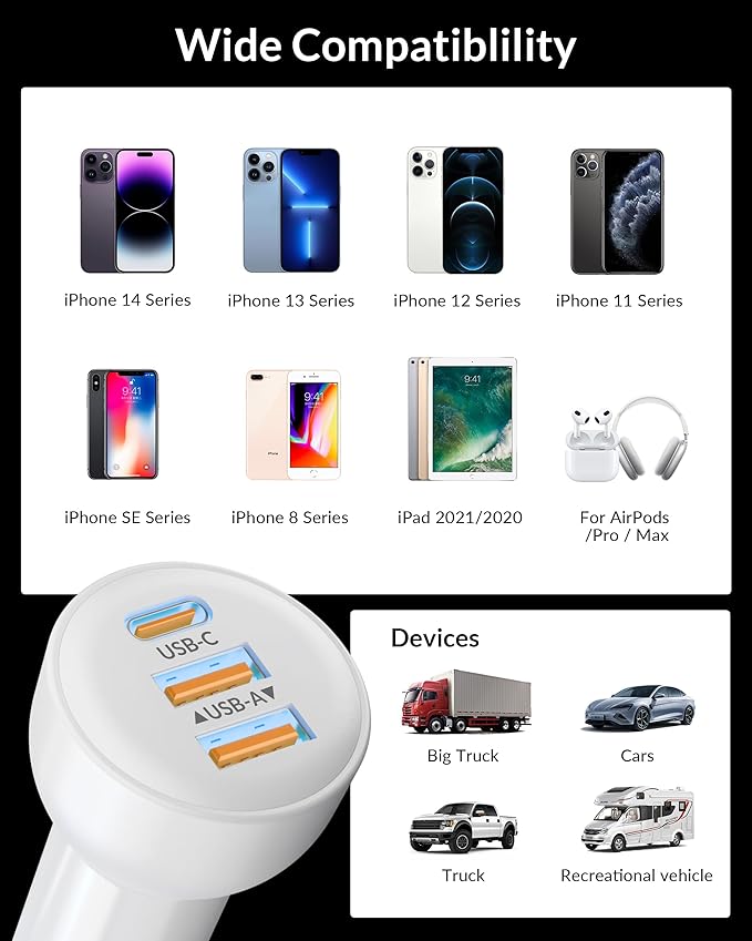 3-Port 70W Fast Car Charger for iPhone 14 13 12 11 Pro Max Plus Mini SE XR XS X 8 7 6, iPad, 2Pack USB Carplay Cord &Lightnings Charging Cable and USB-C&A Car Charger Adapter Cigarette Lighter