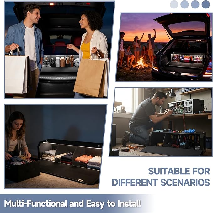 Car Trunk Organizer, Leather Trunk Organizer with LED Light Car Storage Box with Lid and Push-pull Handle Organizer Trunk Storage for SUV, Trunk, Minivan (Black, 37 x 11.4 x 12.2in)