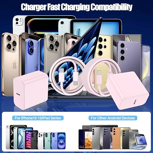 USB C Fast Charger for iPhone 17/ Air/16/15 Pro Max,2Pack 10FT Type C Charger Block & Cable, PD 3.0 Super Fast Charging for iPad Pro MacBook Air/Pro M1/M2, AirPods-Pink